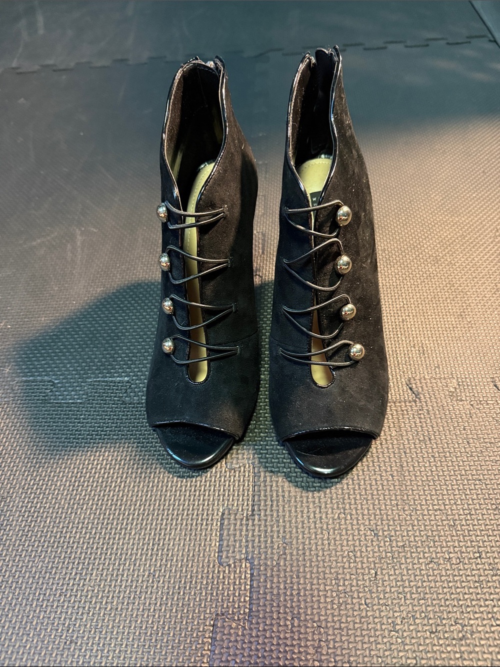 White House Black Market Black Suede Peep-Toe Lace-Up Ankle Boots